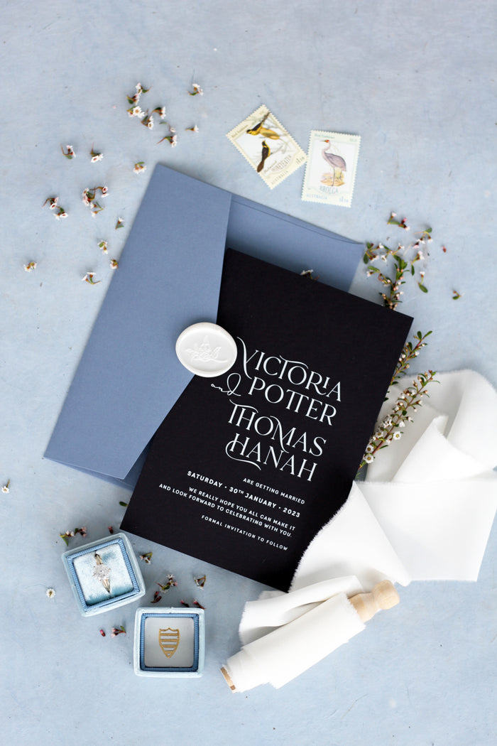 Elena Black Paper and Dusty Blue Envelopes Save the Date Cards