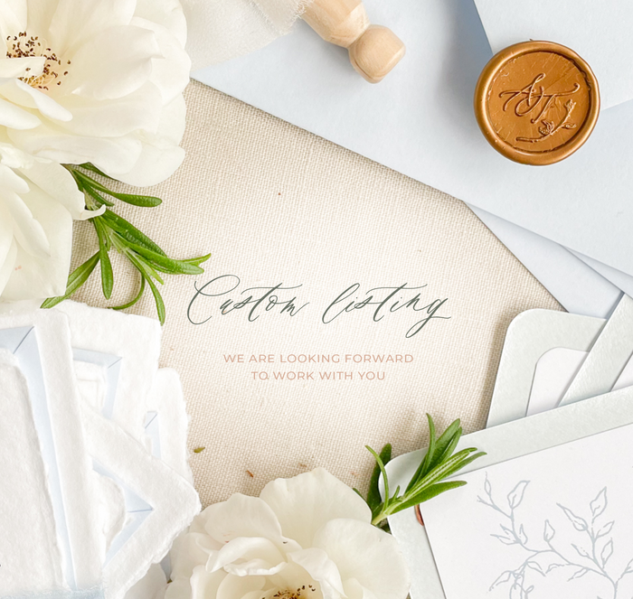 Handmade paper x50 Invites, Freelife x50 RSVP cards and Details cards, x30 Invites 2, x50 White Silk ribbons and Muted Gold Wax seals, x50 Large and small Rudi Nudi envelopes, Address printing on RSVP envelopes - Courtney