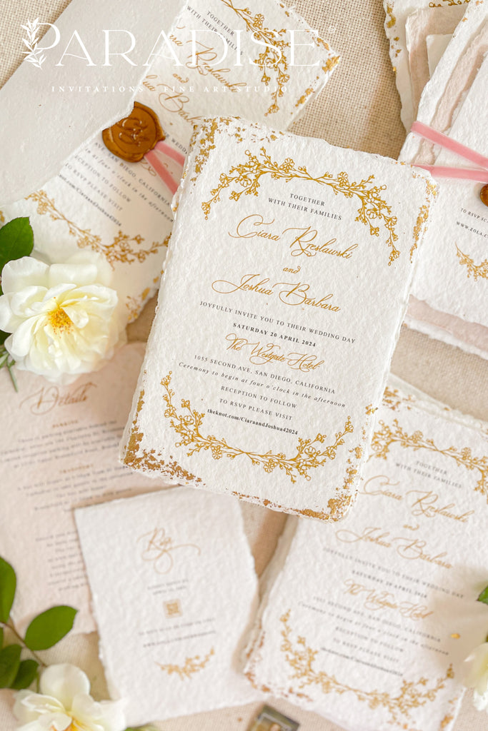 Millie Handmade Paper, Golden Leaf Wedding Invitations