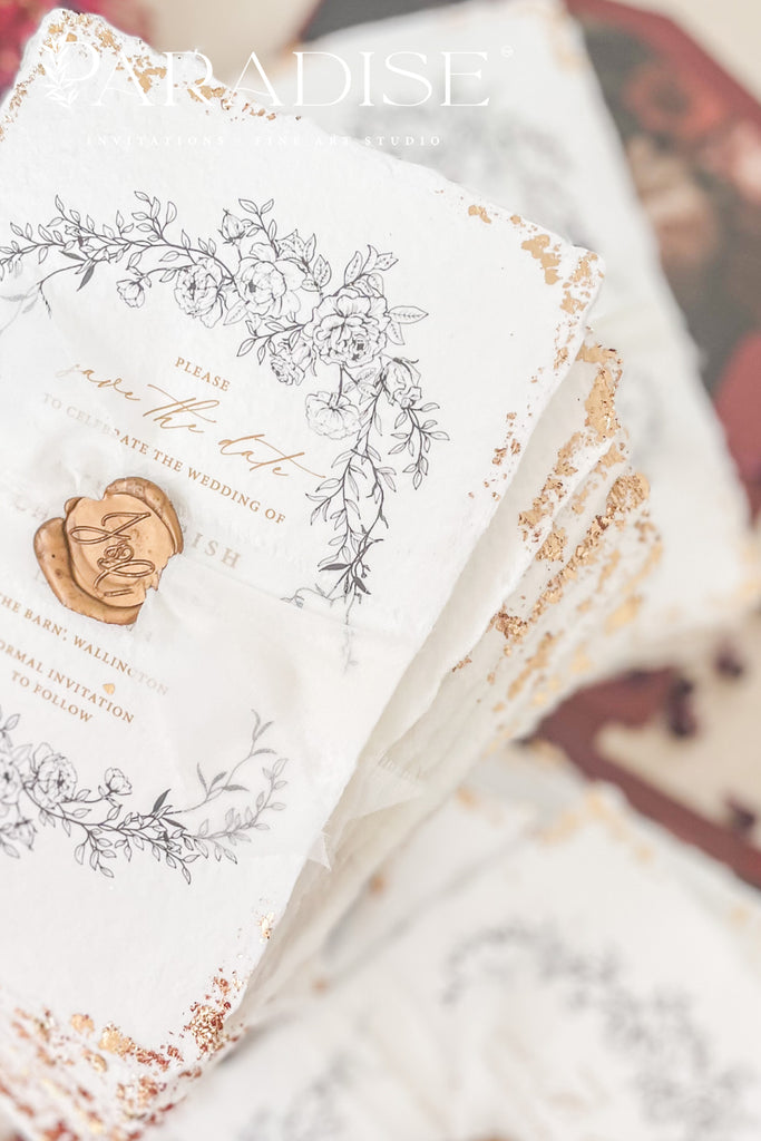 Hadley Handmade Paper Save the Date Cards and Gold Leaf