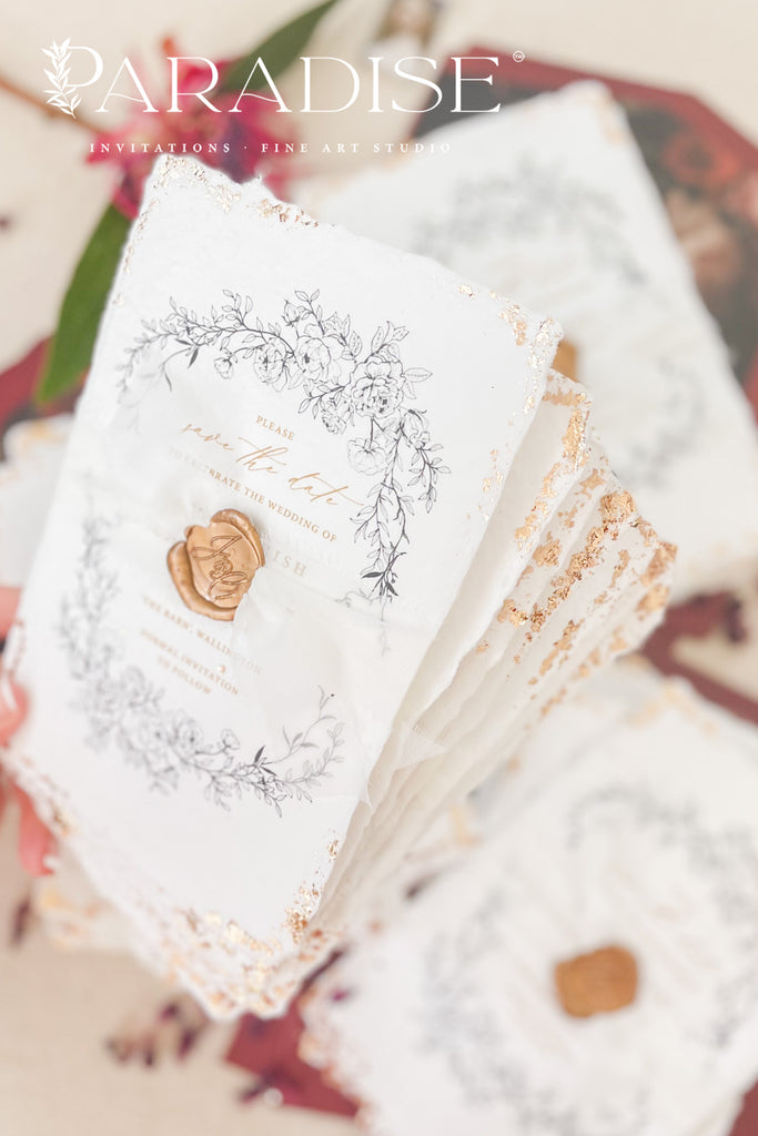Hadley Handmade Paper Save the Date Cards and Gold Leaf