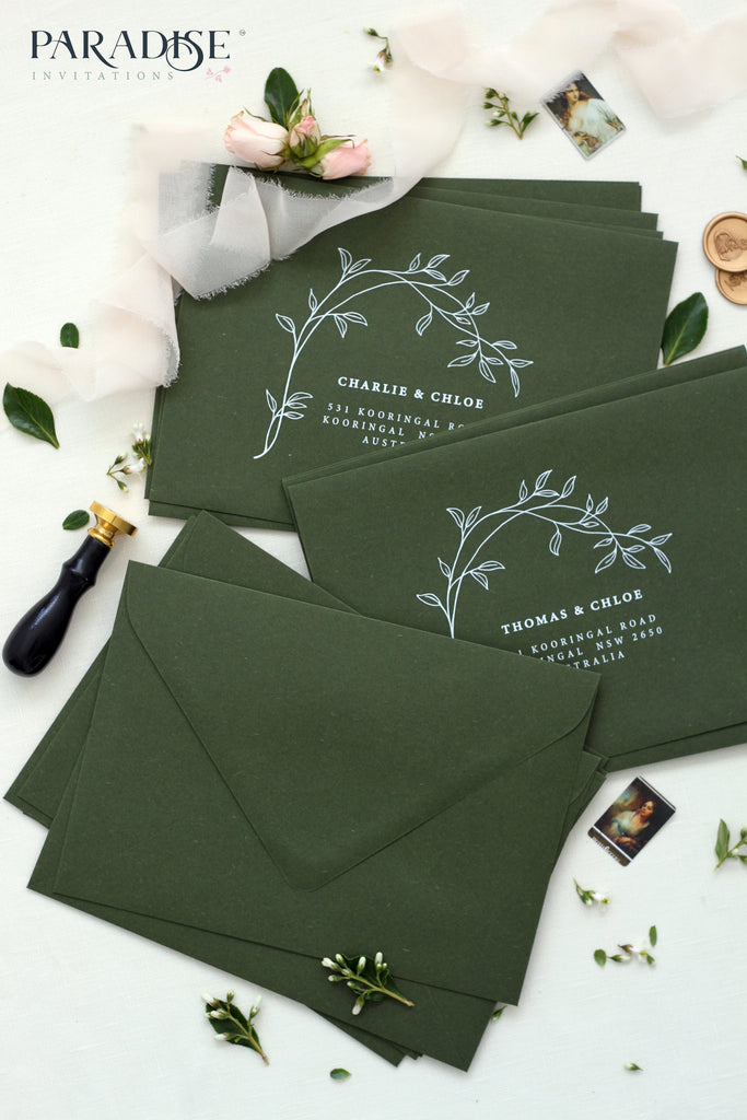 Forest Green Envelopes Floral White Ink Printing, 130x190mm