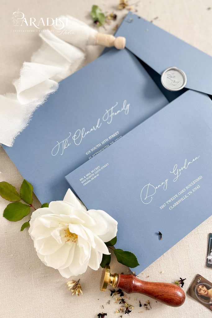 Dusty Blue Envelopes and White Ink Printing