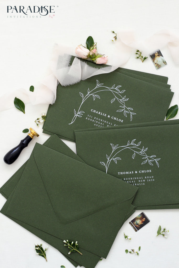 Forest Green Envelopes Floral White Ink Printing, 130x190mm