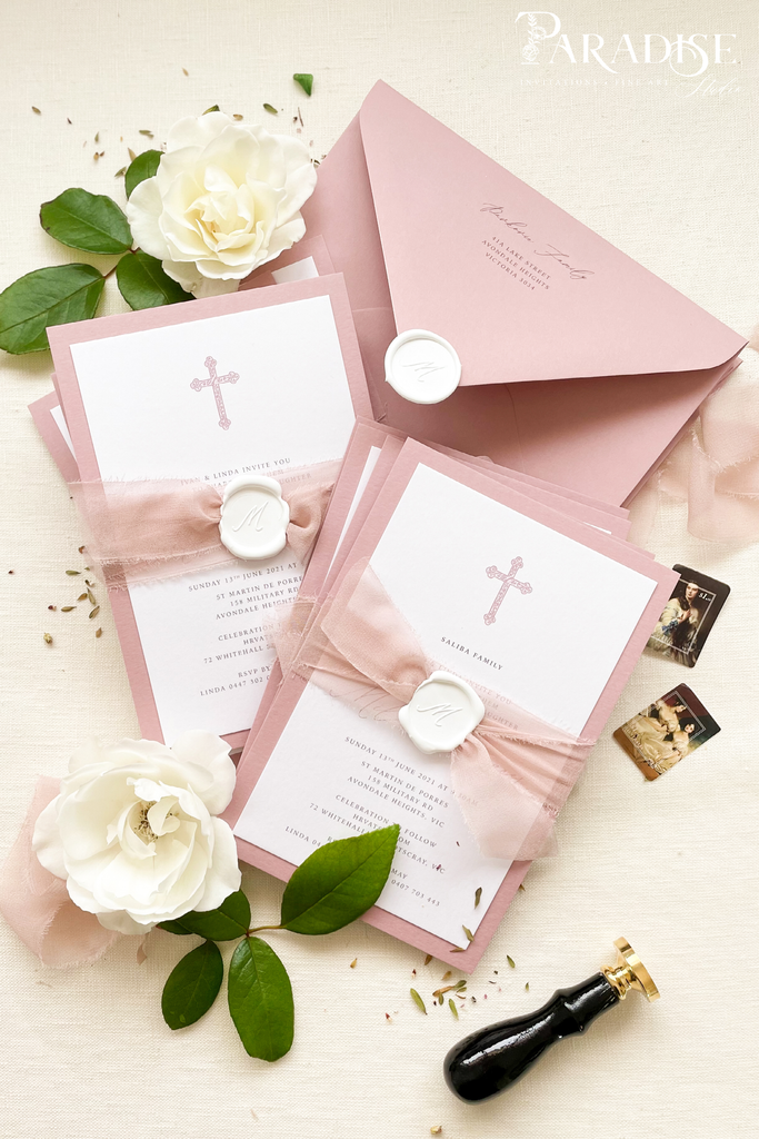 Illiana Wild rose paper, silk ribbons and wax seals Christian Invitations