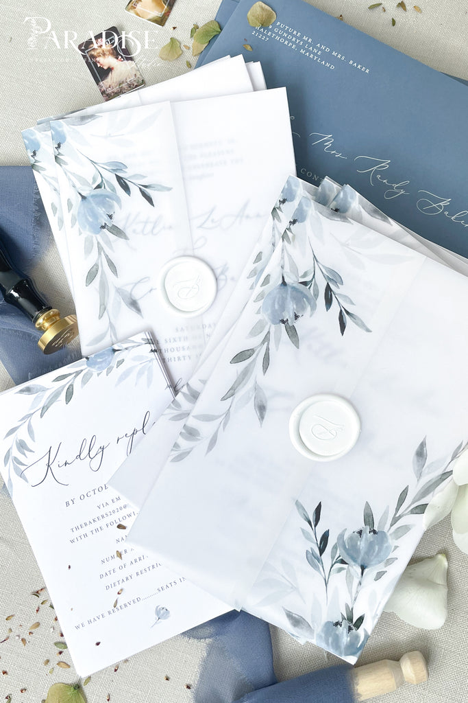 Ines Dusty Blue Floral Wedding Invitations