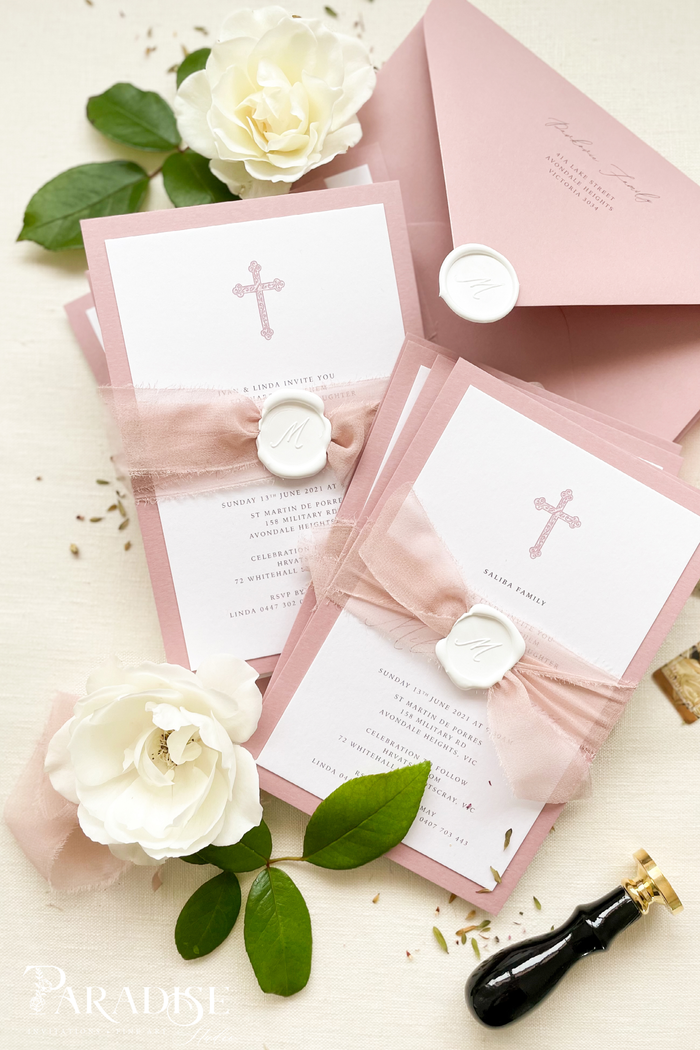Illiana Wild rose paper, silk ribbons and wax seals Christian Invitations