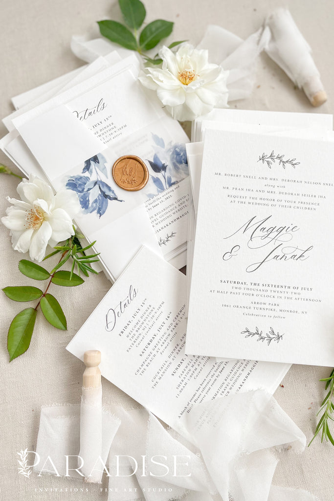 Felici Dusty Blue Floral Wedding Invitations