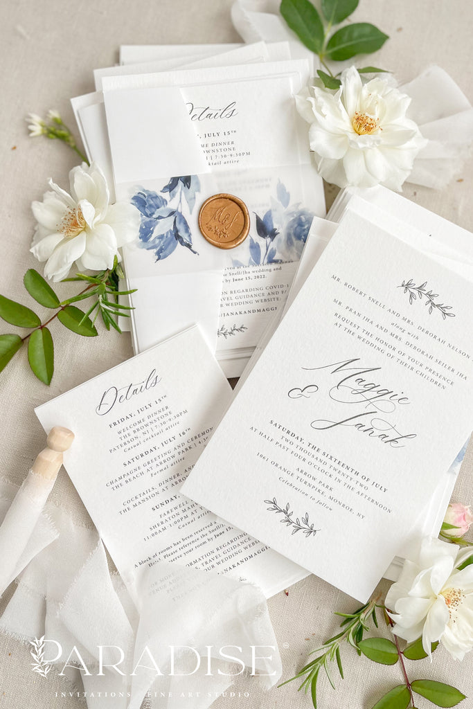 Felici Dusty Blue Floral Wedding Invitations