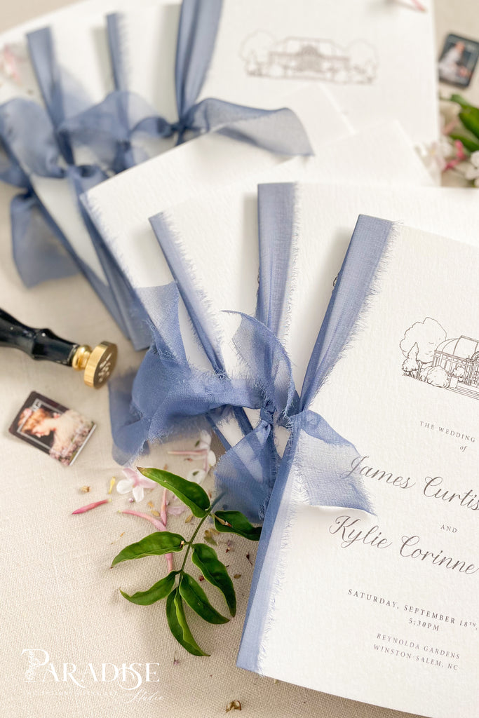 Romantic Ribbon Wedding Invitations in Dusty Blue
