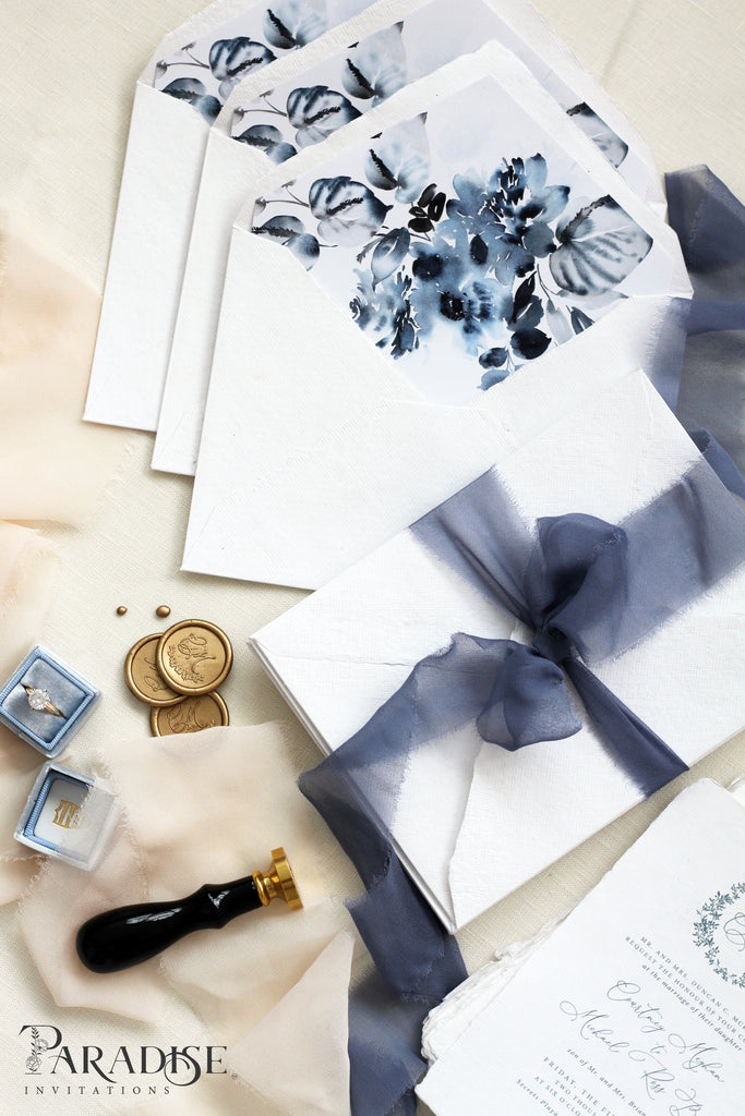 Dusty Blue Floral Envelope Liners on White Envelopes