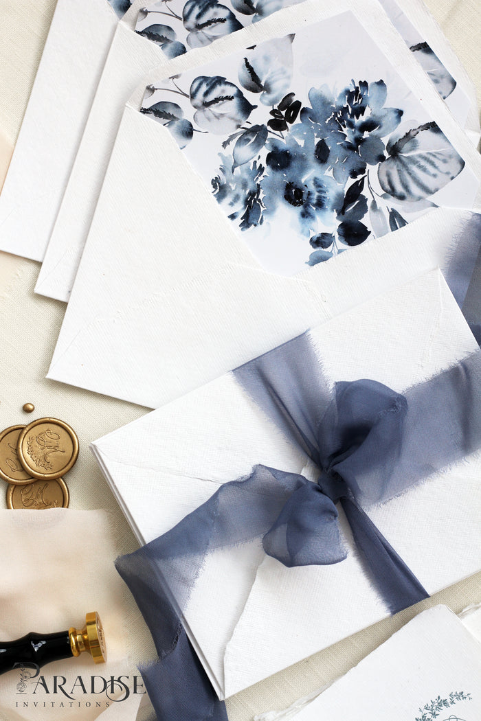 Dusty Blue Floral Envelope Liners on White Envelopes
