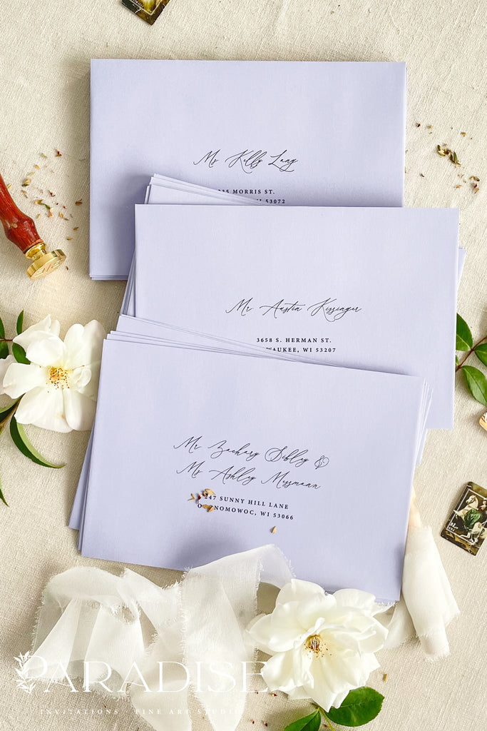 Lilac Envelopes and Black Ink Printing