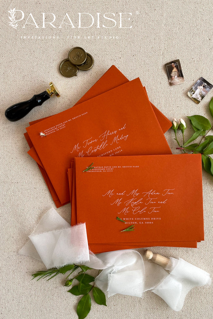 Rust Envelopes and White Ink Address Printing
