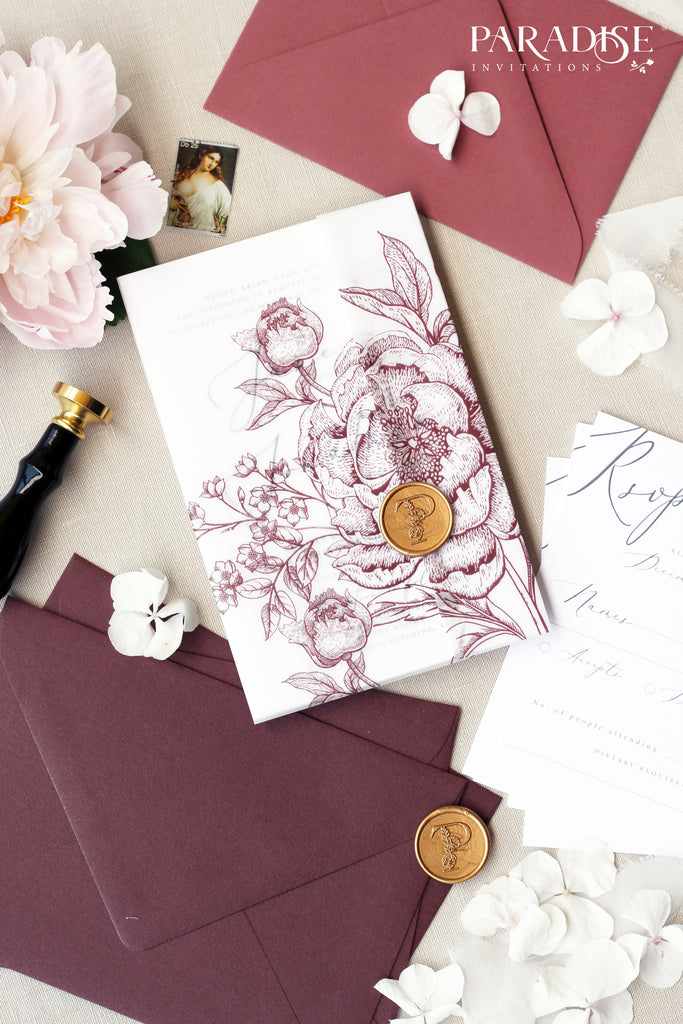 Pascale Burgundy Floral Wedding Invitations
