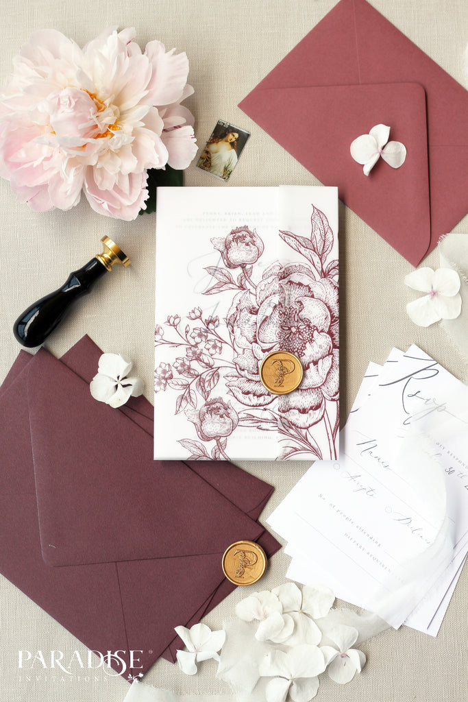 Pascale Burgundy Floral Wedding Invitations