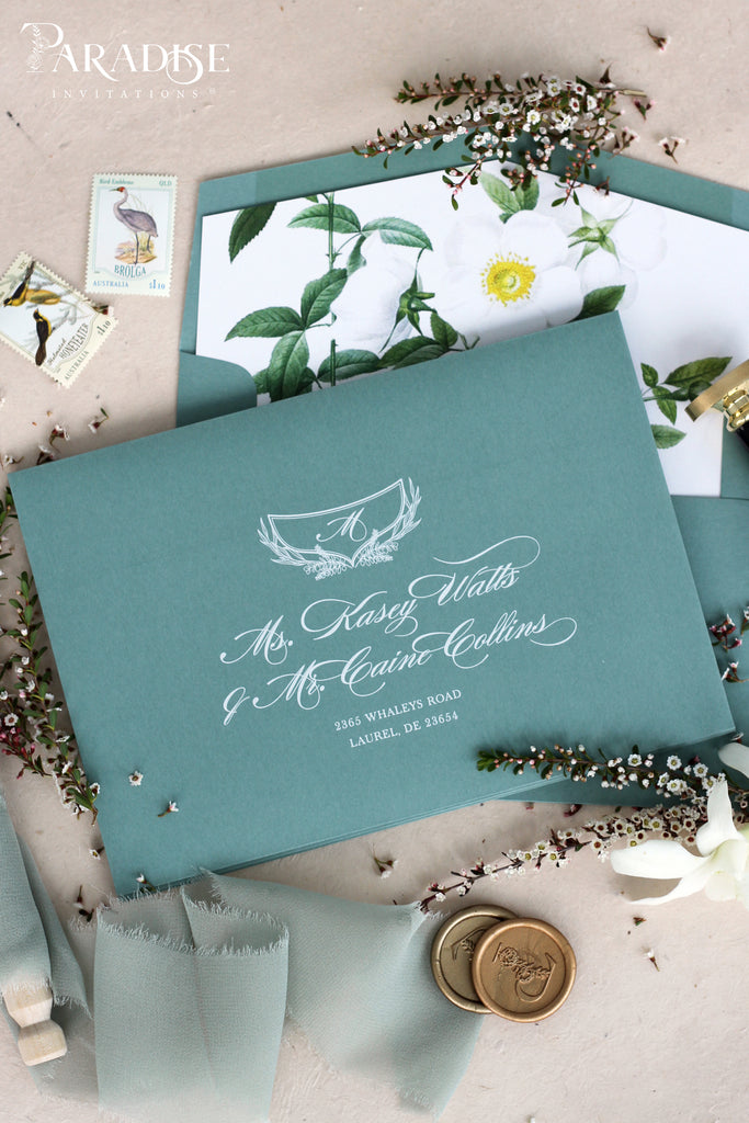 Sage Envelopes with White Ink Printing, White Floral Liners