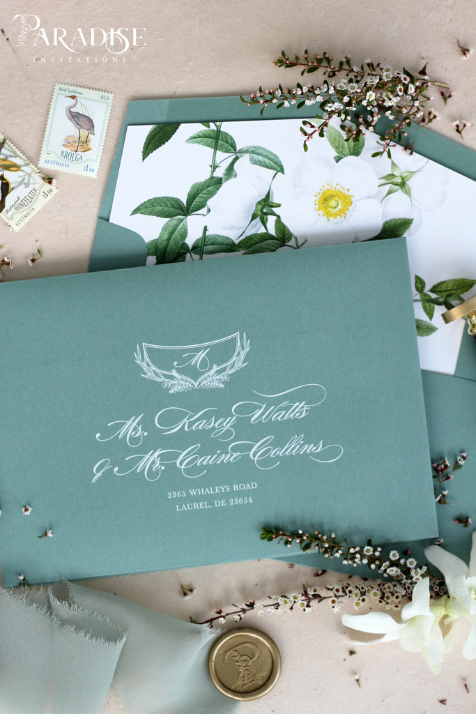 Sage Envelopes with White Ink Printing, White Floral Liners