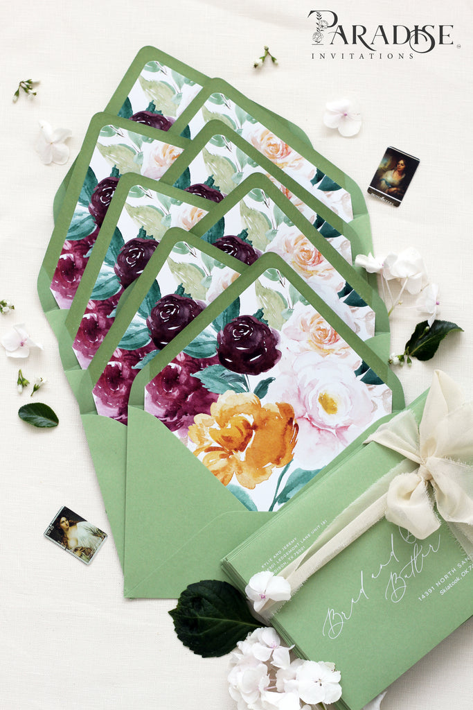 Floral Marsala Envelope Liners on Pear Envelopes