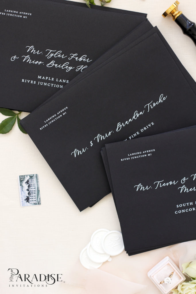 Black Envelopes White Ink Printing – Paradise Invitations